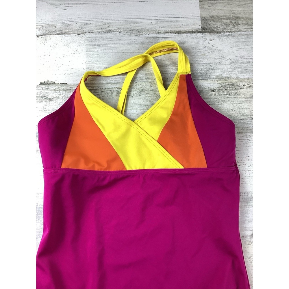Lands' End Kids Size 16 1pc Vibrant Color Block Pink Yellow Orange Swimsuit